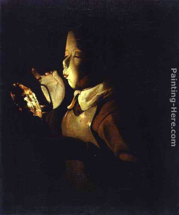 Boy blowing at a Lamp painting - Georges de La Tour Boy blowing at a Lamp art painting